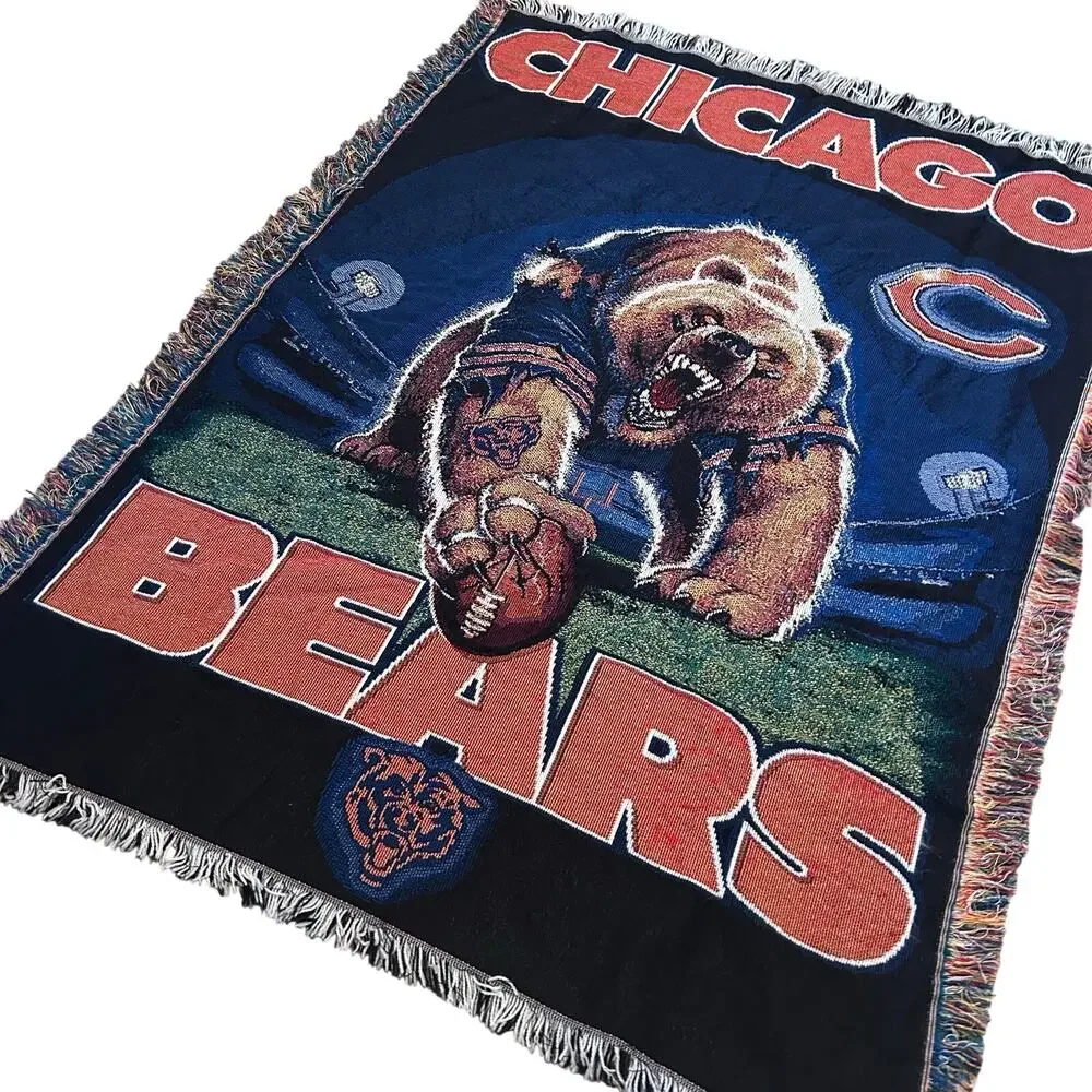Vintage 90s Chicago Bears NFL Tapestry Fringe Throw Blanket 43x58 Americana